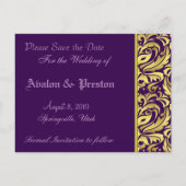 Gouden & Paarse Damask Scroll Save The Date Briefk Aankondigingskaart (Achterkant)
