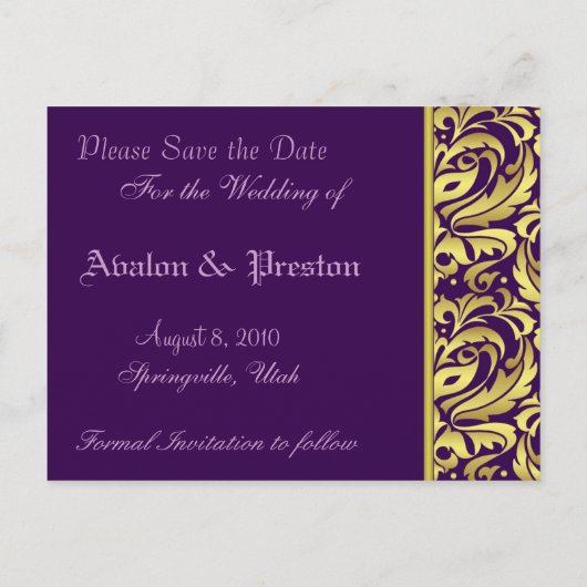 Gouden & Paarse Damask Scroll Save The Date Briefk Aankondigingskaart (Achterkant)