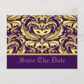Gouden & Paarse Damask Scroll Save The Date Briefk Aankondigingskaart (Voorkant)