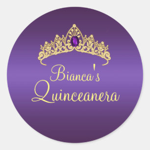 Gouden & Paarse Edelsteen Tiara Quinceanera Sticke Ronde Sticker