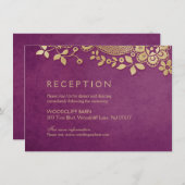 Gouden paarse elegante  kant bruiloft receptie kaart (Voorkant / Achterkant)