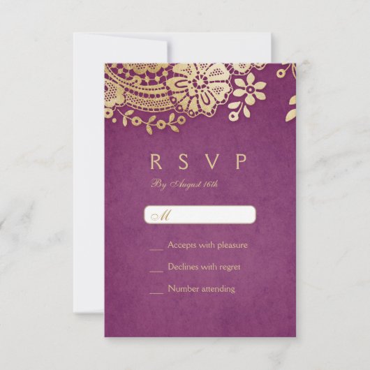 Gouden paarse elegante  kant bruiloft RSVP (Voorkant)