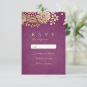 Gouden paarse elegante  kant bruiloft RSVP (Staand voorkant)