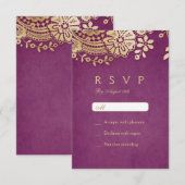 Gouden paarse elegante  kant bruiloft RSVP (Voorkant / Achterkant)