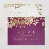 Gouden paarse elegante  kant bruiloft RSVP Uitnodiging Briefkaart (Voorkant / Achterkant)