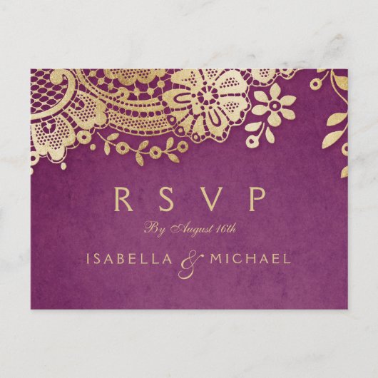 Gouden paarse elegante  kant bruiloft RSVP Uitnodiging Briefkaart (Voorkant)