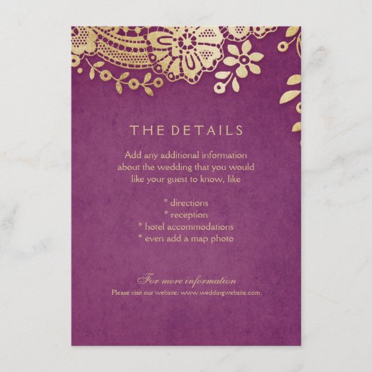 Gouden paarse elegante kant trouwdetails kaart (Voorkant)