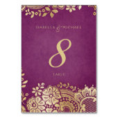 Gouden paarse elegante kant trouwtafel kaart (Achterkant)