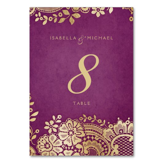 Gouden paarse elegante kant trouwtafel kaart (Voorkant)