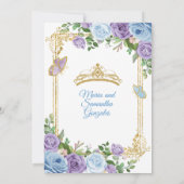 Gouden Paarse en blauwe bloemenkroon Twin Quinceañ Kaart (Achterkant)
