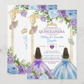 Gouden Paarse en blauwe bloemenkroon Twin Quinceañ Kaart (Voorkant / Achterkant)
