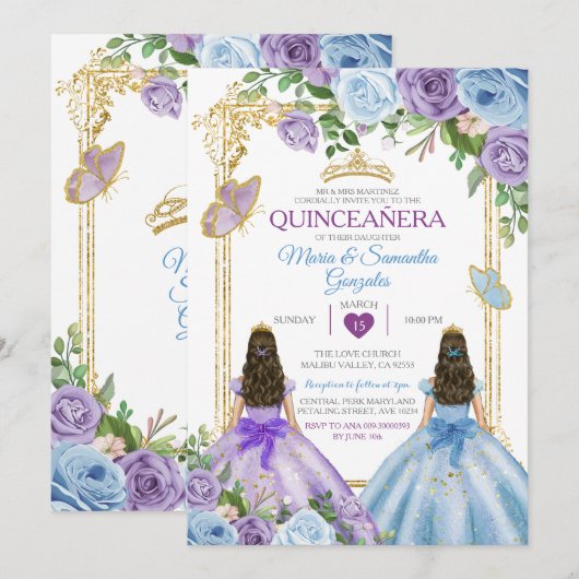 Gouden Paarse en blauwe bloemenkroon Twin Quinceañ Kaart (Voorkant / Achterkant)