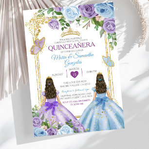 Gouden Paarse En Blauwe Bloemenkroon Twin Quinceañ Kaart