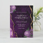Gouden Paarse Floral Agaat Wedding Kaart (Staand voorkant)