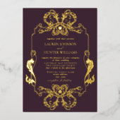  gouden Paarse Floral Line Monogram Weddenschap Folie Uitnodiging (Voorkant)