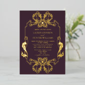  gouden Paarse Floral Line Monogram Weddenschap Folie Uitnodiging (Staand Voorkant)