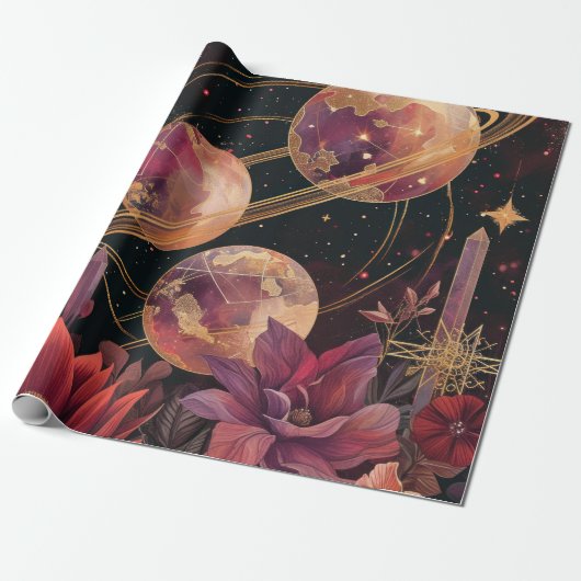 Gouden Paarse Geringde Planeet Hemeltuin Cadeaupapier (Uitgerold)