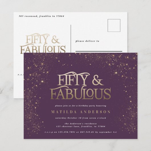 Gouden paarse glitter 50 en fabuleus verjaardagsfe briefkaart (Voorkant / Achterkant)