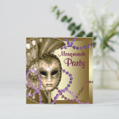 Gouden Paarse Mardi Gras kralen Masquerade Party Kaart (Staand voorkant)