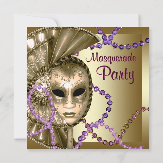 Gouden Paarse Mardi Gras kralen Masquerade Party Kaart (Voorkant)