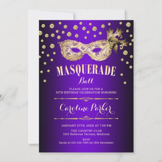 Gouden Paarse Masquerade Ball Verjaardagsfeest Kaart (Voorkant)