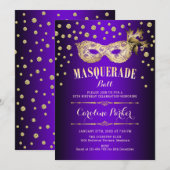 Gouden Paarse Masquerade Ball Verjaardagsfeest Kaart (Voorkant / Achterkant)