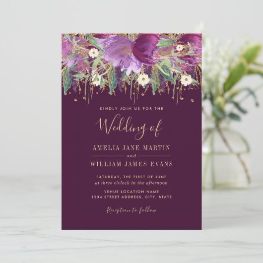 Gouden Paarse Mousserende Amethist Uitnodiging (Staand voorkant)