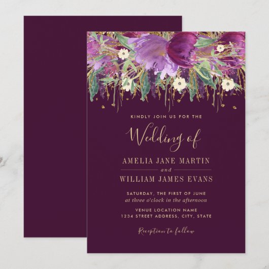 Gouden Paarse Mousserende Amethist Uitnodiging (Voorkant / Achterkant)