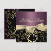Gouden & Paarse Roos Blad Boog Verjaardagsuitnodig Kaart (Voorkant / Achterkant)