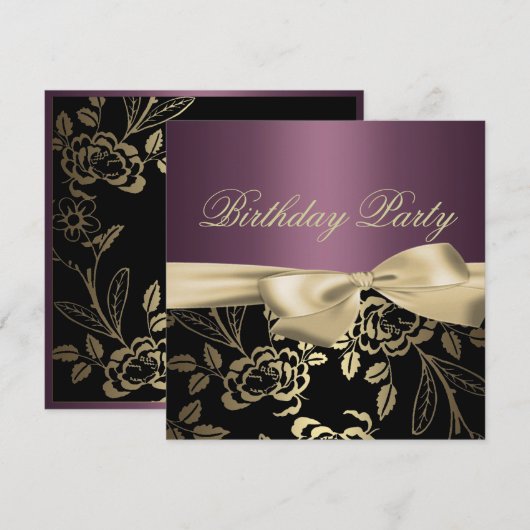 Gouden & Paarse Roos Blad Boog Verjaardagsuitnodig Kaart (Voorkant / Achterkant)