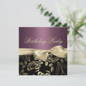 Gouden & Paarse Roos Blad Boog Verjaardagsuitnodig Kaart (Staand voorkant)
