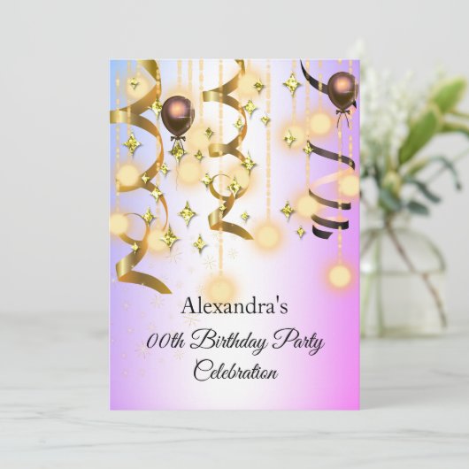 Gouden Paarse roze lichten van zaterdag Uitnodigin Save The Date (Staand voorkant)