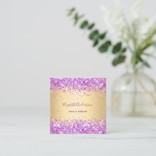 Gouden paarse roze profielfoto qr code vierkante visitekaartje (Staand voorkant)