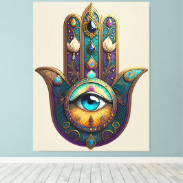 Gouden Paarse Teal Hamsa met Turkoois Derde Oog Canvas Afdruk