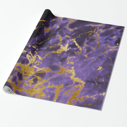 Gouden Paarse Violette Marmeren Vloeistof Metallic Cadeaupapier (Uitgerold)