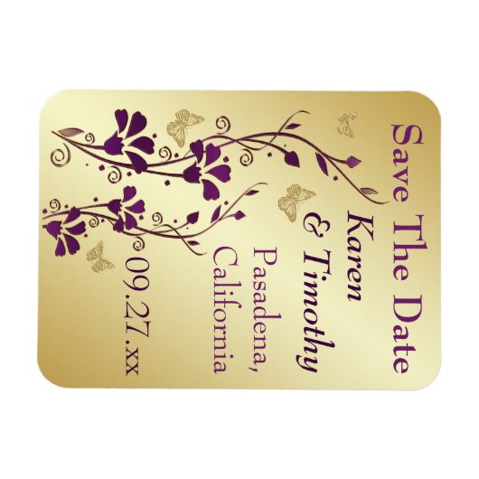 Gouden, Paarse vlinder bloemen sparen de datum mag Magneet (Horizontaal)