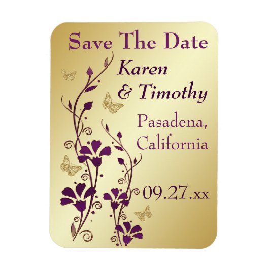 Gouden, Paarse vlinder bloemen sparen de datum mag Magneet (Verticaal)