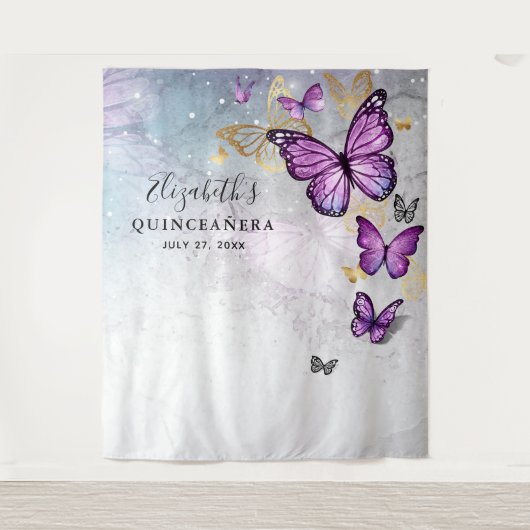 Gouden Paarse Vlinder Foto Achtergrond Tapestries Wandkleed (Voorkant)