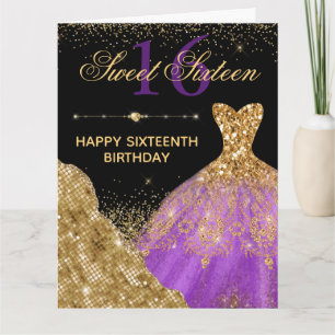 Gouden & paarse waterverf jurk Sweet 16 verjaardag Kaart