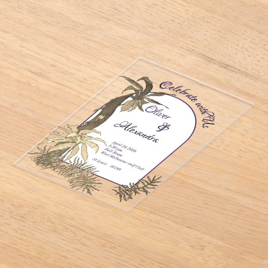 Gouden & Paarse Waterverf regenwoud bruiloft Acryl Uitnodigingen (Laagn)