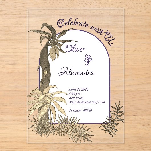 Gouden & Paarse Waterverf regenwoud bruiloft Acryl Uitnodigingen (Voorkant)