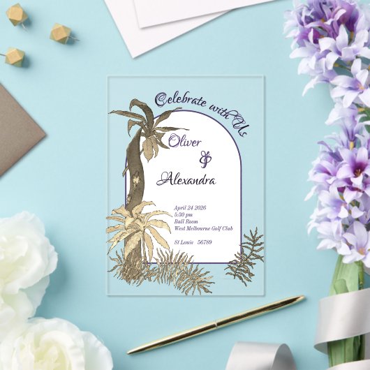 Gouden & Paarse Waterverf regenwoud bruiloft Acryl Uitnodigingen (Insitu (Huwelijk))