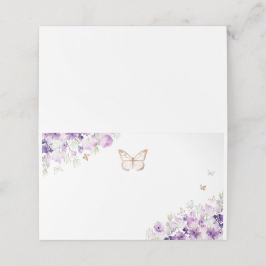 Gouden paarse wilde bloemen vlinder plaatskaartje (Buitenkant ongevouwen)