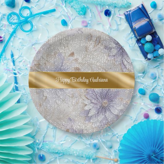 Gouden Paarse Witte Bloemen Sparkle Verjaardag Papieren Bordje (Feest)