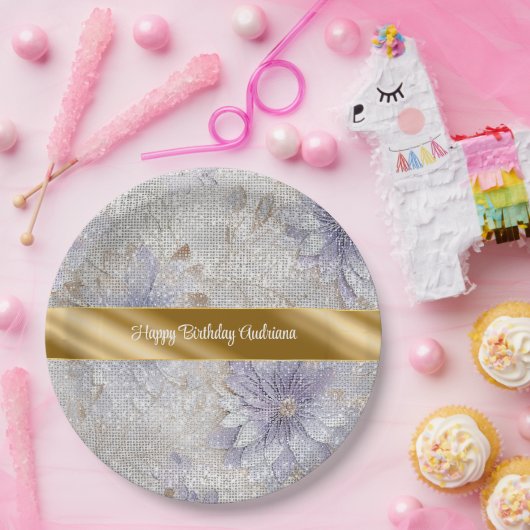 Gouden Paarse Witte Bloemen Sparkle Verjaardag Papieren Bordje (Feest)