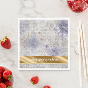 Gouden Paarse Witte Bloemen Sparkle Verjaardag Servet