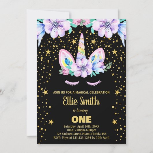 Gouden Paarse Zwarte Eenhoorn Verjaardagsuitnodigi Kaart (Voorkant)