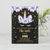 Gouden Paarse Zwarte Eenhoorn Verjaardagsuitnodigi Kaart (Staand voorkant)