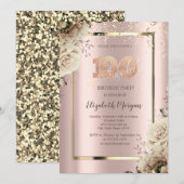 Gouden pailletten, Bloemen Roos Goud 100e Verjaard Kaart (Voorkant / Achterkant)