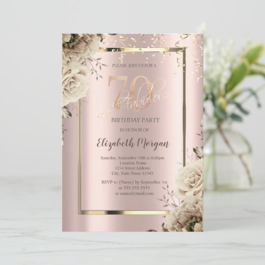 Gouden pailletten, Bloemen Roos Goud 70e Verjaarda Kaart (Staand voorkant)